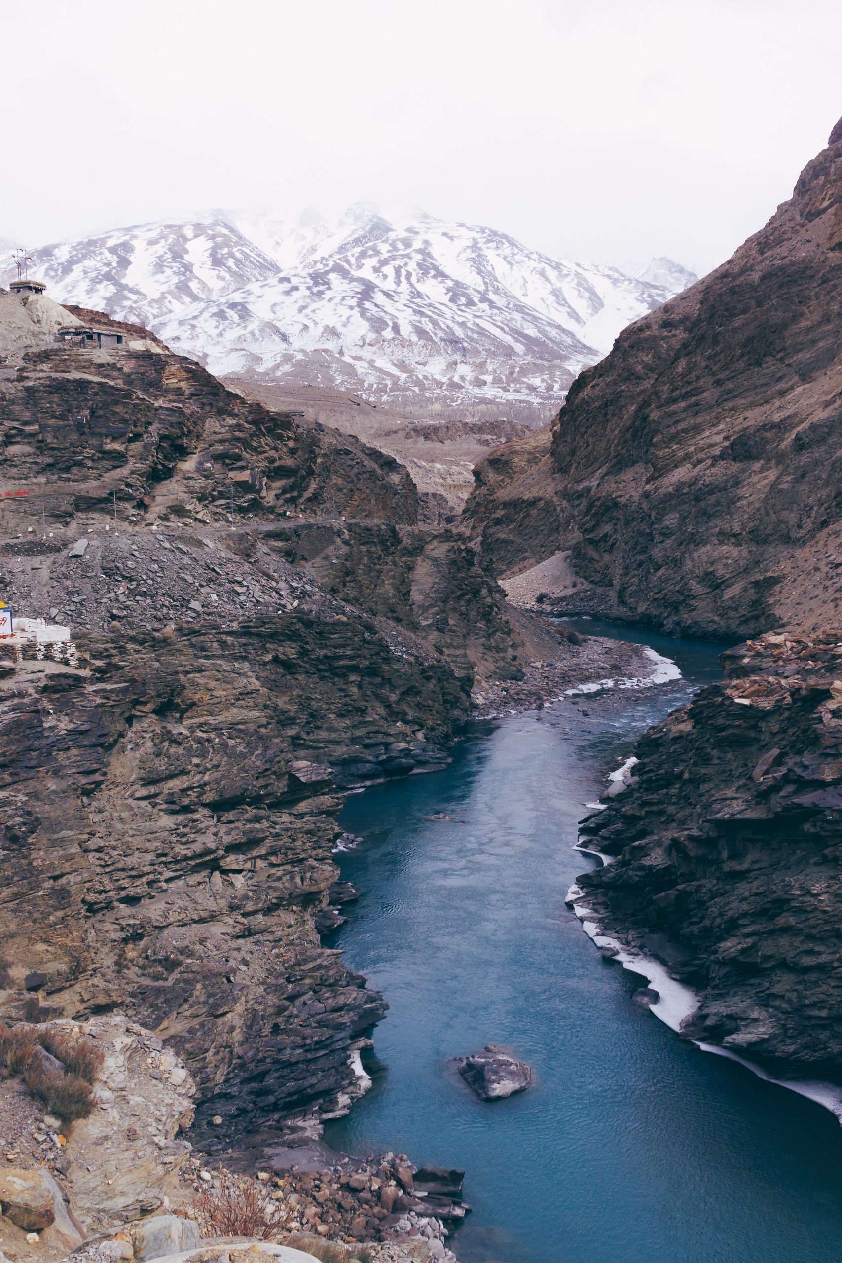 Snow-streaked gorge walls